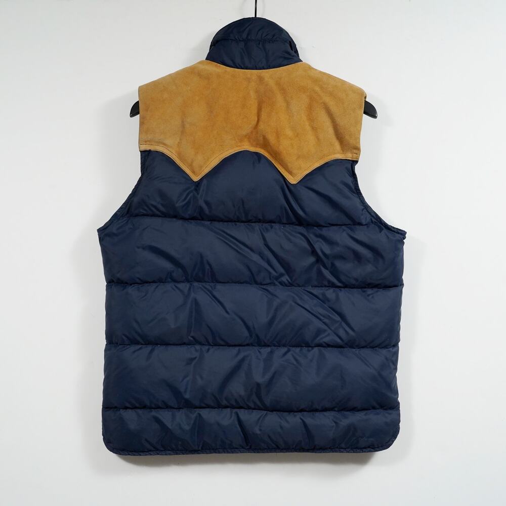 Vintage Woolrich Down Puffer Vest Suede Yoke Navy Brown Men’s Medium - Picture 3 of 11